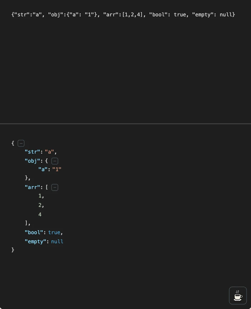 JSONer showing compact JSON above a formatted, expandable version.