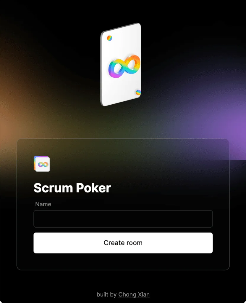 Scrum Poker’s start screen with a name field and a Create room button.
